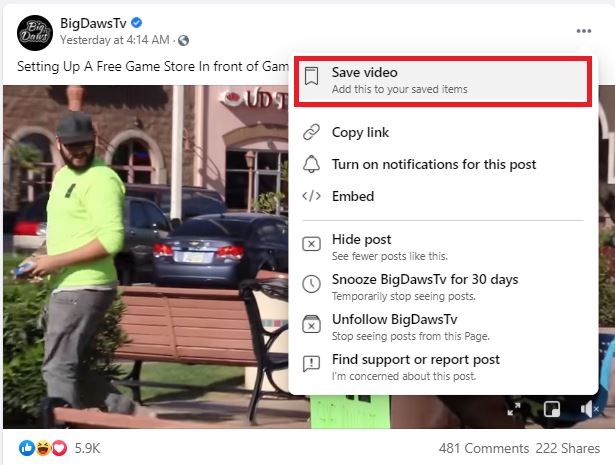 saved Facebook Video settings