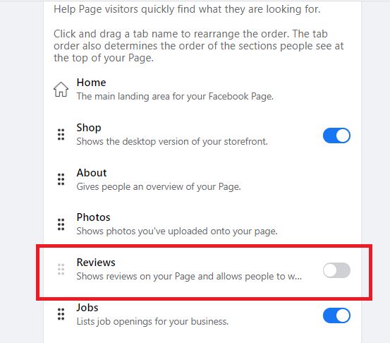 settings to turn off Facebook Reviews
