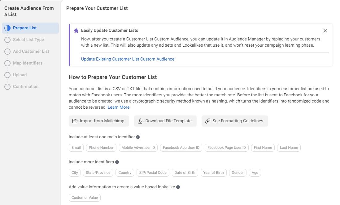 customer list for custom audience