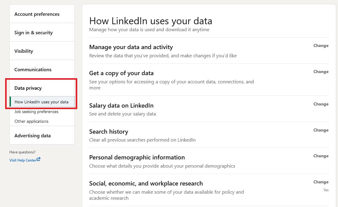 settings on LinkedIn account data privacy