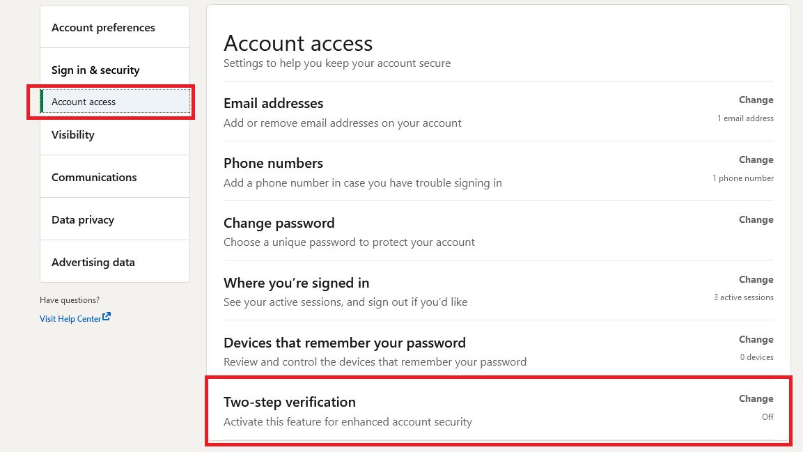 settings to enable two step verification on LinkedIn
