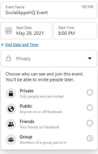 set Facebook event privacy